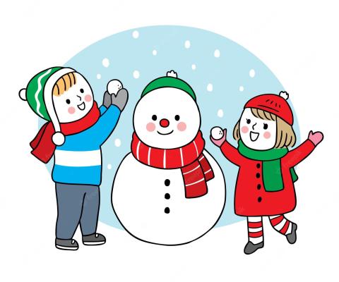 Illustration of two children building a snowman.