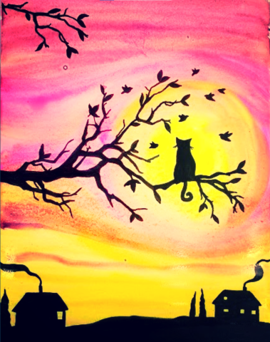 image of a cat on a tree branch with a watercolor sunset in the background