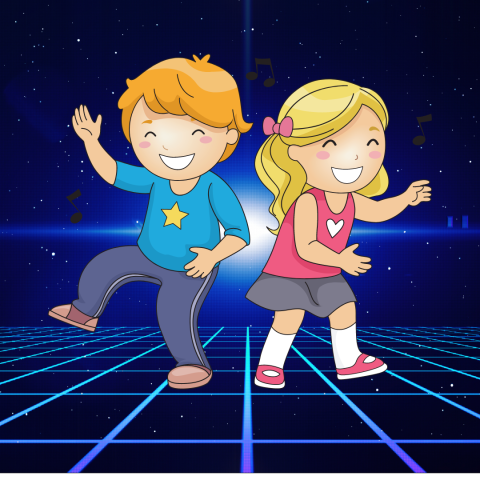 Image of two children dancing on a field of lasers.