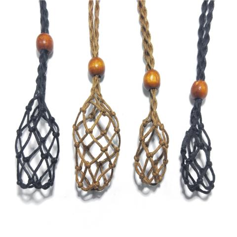 Four necklaces made of rope with a knotted cage at the bottom to hold a rock or crystal