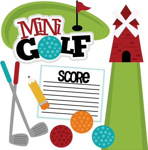 Image of mini golf hole, a score sheet, three balls, two putters and the words "Mini Golf."