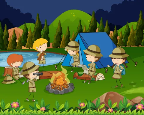 Cartoon image of kids gathered around a campfire.