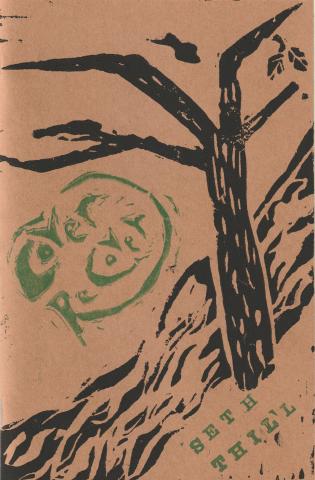 Front cover of Seth Thill's book of poetry, "Cover, Recover." Block print on brown paper of a tree and stream in black ink and the title of the book in green ink.