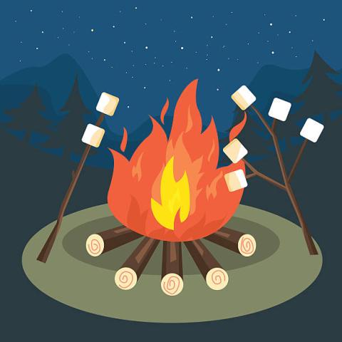 Image of a cartoon campfire with sticks of marshmallows.