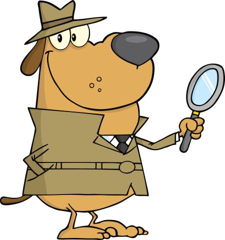 Image of a dog in a trenchcoat  and spy hat, holding a magnifying glass.