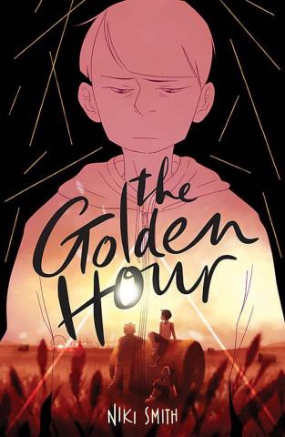 The cover of "The Golden Hour" by Niki Smith, featuring a young boy looking distressed with an image of the golden hour being taken.