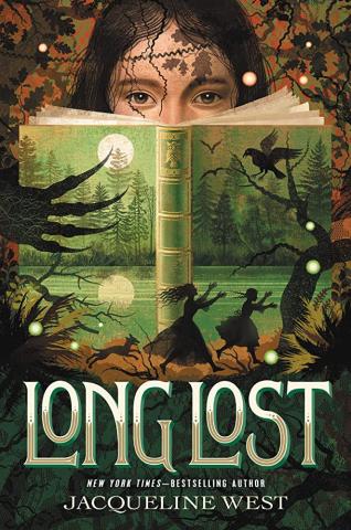 The cover of "Long Lost" by Jacqueline West, featuring a young girl reading a book with her eyes looking over.