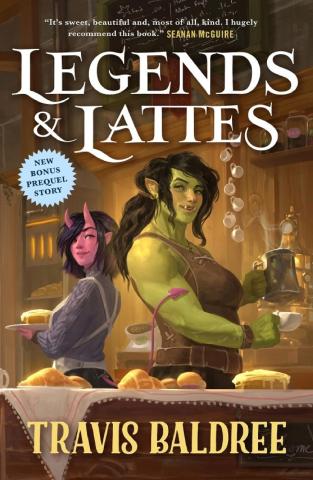 Colorful drawn cover of book with smiling female orc and succubus in cozy coffee shop