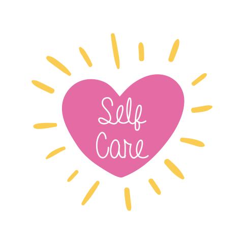 A clipart of a pink heart with the words self care in it, while radiating light.