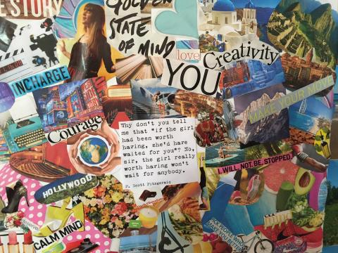 A picture of a vision board, which contains magazine clippings of aspiration goals like travel, fashion, and health. 