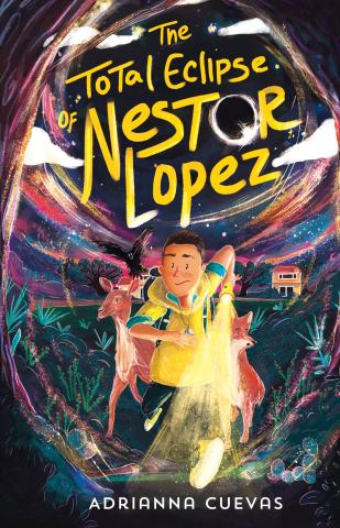 The cover of "The Total Eclipse of Nestor Lopez" featuring a young Latine boy holding a flashlight outdoors with a deer, crow, and a fox.