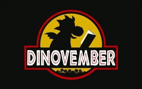 The silhouette of a dinosaur reading a book with the word 'Dinovember' over it.