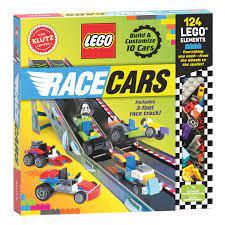 A box labeled, 'LEGO Racecars' and showing a photo of cars made of lego bricks racing down a track. 