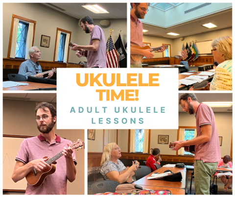 Poster for Ukulele Time! features four photos, from one of the classes, of Ben instructing participants.