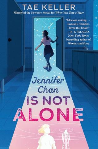 The cover of "Jennifer Chan Is Not Alone" featuring a young girl stepping out a door into the stars.