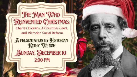 Black and white photo of Charles Dickens with bright red "Santa" hat superimposed on his head. Victorian red flowers and Christmas scene are in the background.