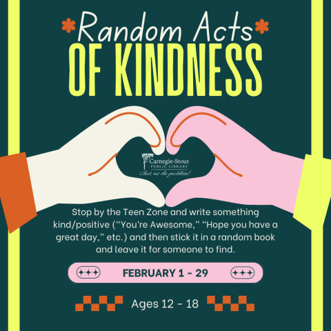 Flyer for Random Acts of Kindness featuring a dark green and lime green backgrounds with two hands making a heart shape. 