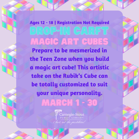 Flyer for Drop-in Craft: Magic Art Cubes, featuring a paper flyer with pastel Rubik's cubes in the background.