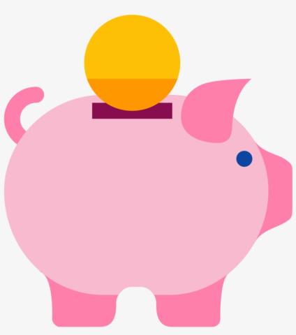 Clipart of a pink piggy bank with a gold coin on top.