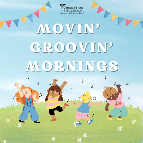 White text reads "Movin' Groovin' Mornings" above clipart of four children smiling and dancing together.