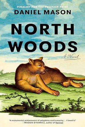 Cover of North Woods book by Daniel Mason has an illustration of a resting wildcat in an outdoor setting.