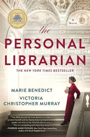 The cover shows a woman in dark, old-fashioned long dress, standing on stairs, looking out to the left, in elegant, architectural and historical library