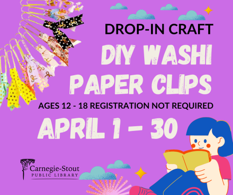 Flyer for DIY Washi Paper Clips, featuring a magenta background with a girl reading and examples of the craft.