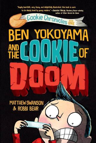 The cover of "Ben Yokoyama and the Cookie of Doom" by Matthew Swanson featuring a young boy looking nervous into his paper fortune.
