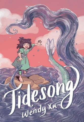 The cover of "Tidesong" by Wendy Xu featuring a young girl by a shore seeing the tail of a mermaid.