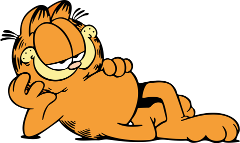 A large orange cartoon cat lounging with his head on his hands.