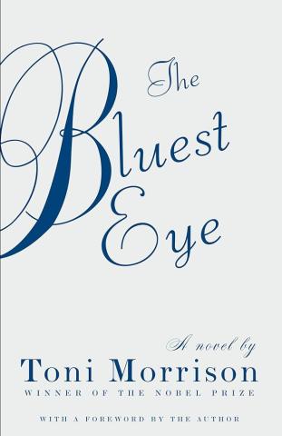 Pale cover with the title "The Bluest Eye" in blue, cursive script.