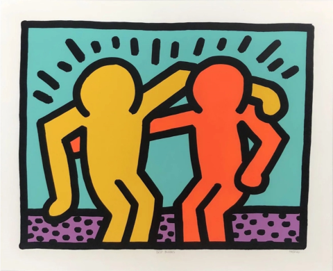 An image of Keith Haring's piece "Best Buddies" which features two silhouetted figures with an arm around one another.