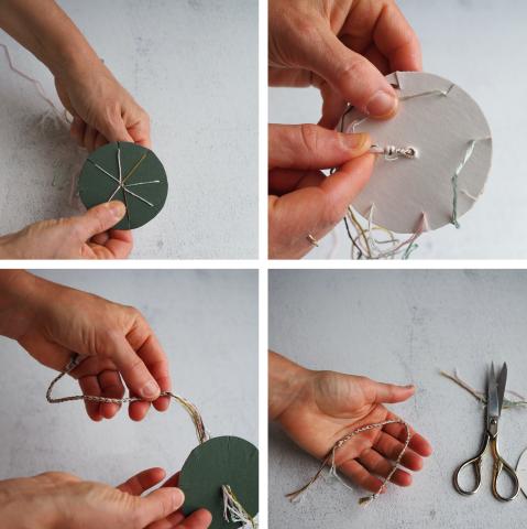 Photos of a DIY Kumihimo which is a circular cardboard with notches. 