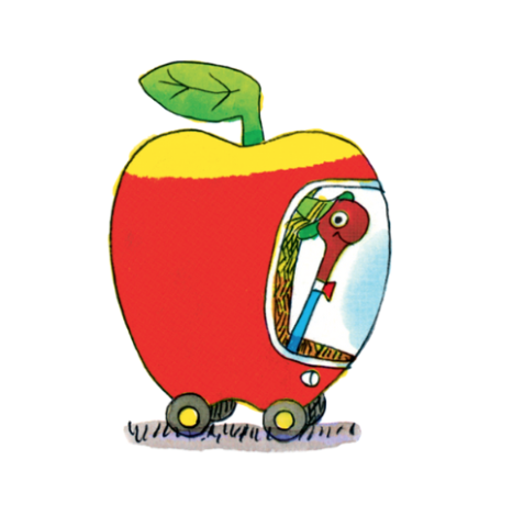 An illustration of Lowly Worm driving in an apple-shaped car.