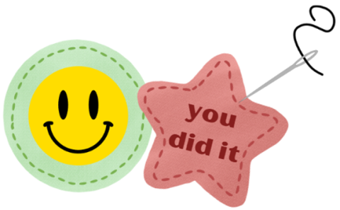 A graphic of two sample patches, one with a smiley face and one with the words "you did it" stitched on the front.