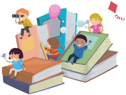An illustration of children playing on larger-than-life books.
