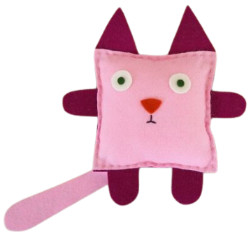 A sample cat plushie with a pink square body, a simple face, and dark pink ears, arms, legs, and tail.