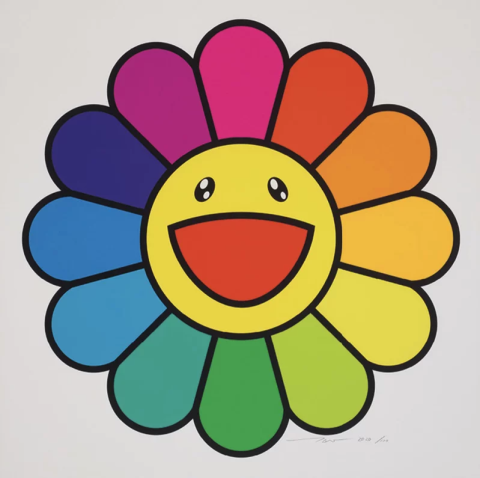A flower by Takashi Murakami featuring a yellow center with a happy face and rainbow petals.