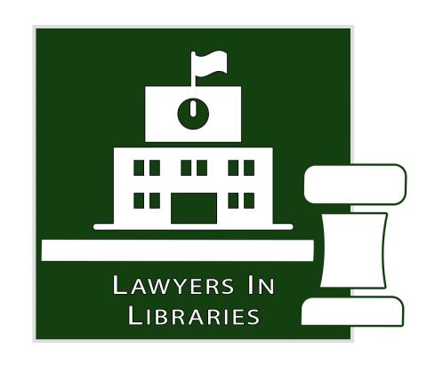 LAWYERES IN LIBRARIES white text on a green background. Ther eis a simple cartoon image of a library and a gavel also in white with green outlines.