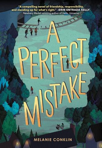 The silhouette of a face in a dark forest with the title, "A Perfect Mistake" by Melanie Conklin.