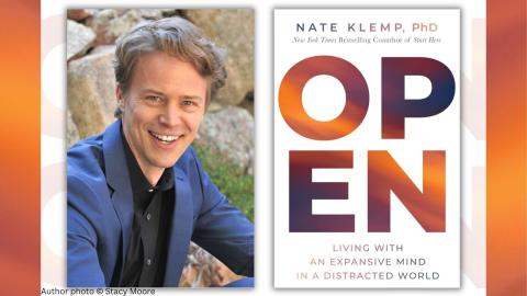 Photo of author and cover of his book called "Open."