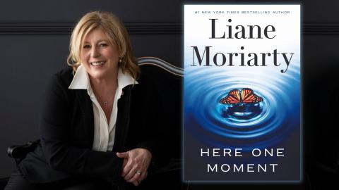 Photo of the author with cover of her book called "Here One Moment."