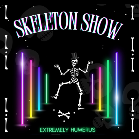 Graphic with a dancing skeleton surrounded by lights.