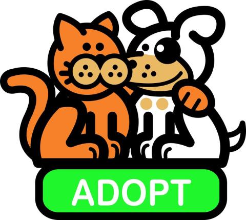 A cartoon cat and dog have their arms around one another. They are sitting on top of a green block of text that says "ADOPT"