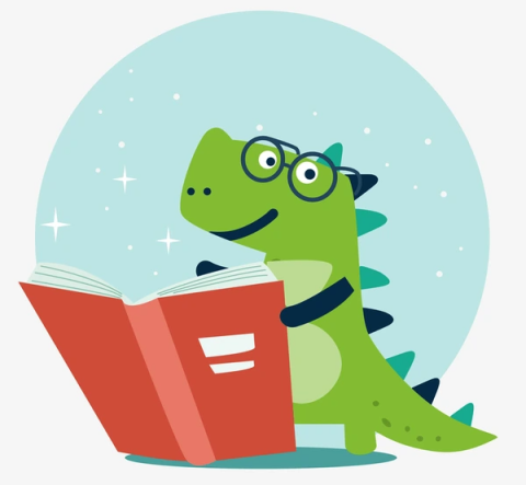 Clipart of a smiling green dinosaur holding a large red book.