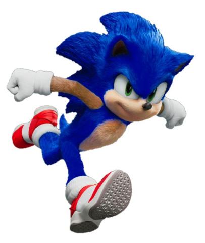 A blue hedgehog in red tennis shoes running toward you.