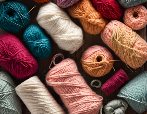 Image shows various skeins of yarn in natural colors.