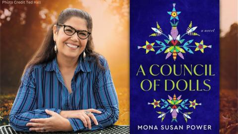 Photo of author Mona Susan Power next to a cover image of her book "A Council of Dolls"