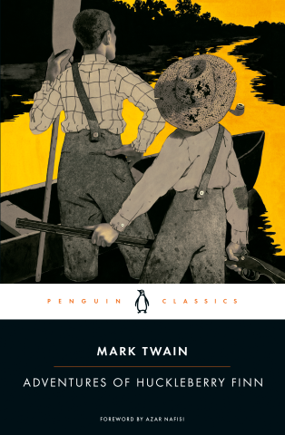 "Adventures of Huckleberry Finn" book cover featuring two boys in a boat and Penguin Classics branding.