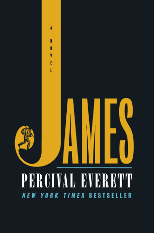 Book cover for "James" by Percival Everett, featuring a large yellow "J" and text in yellow, white, and blue.